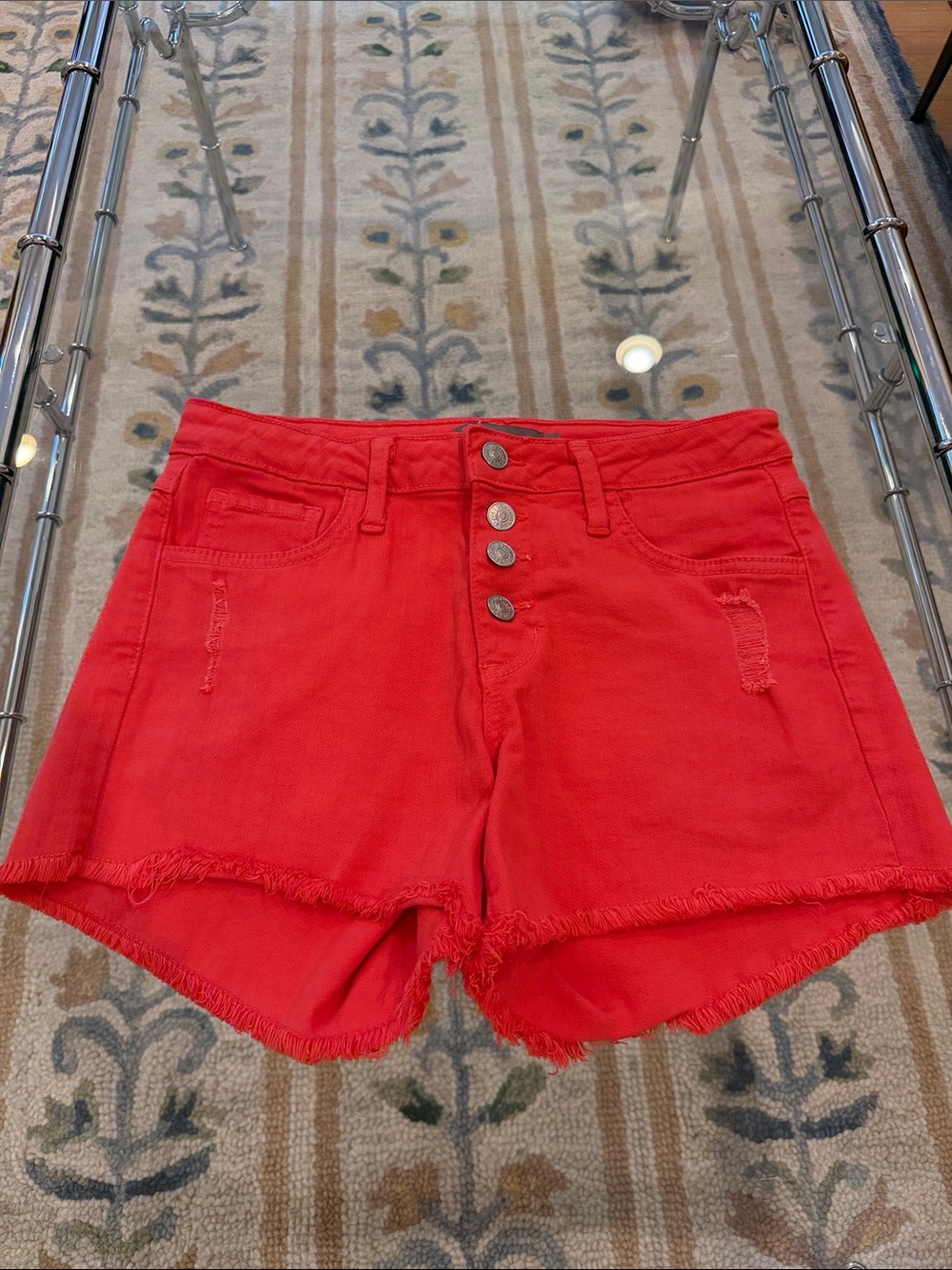 Just USA Vibrant Orange Button-Front Frayed Hem Denim Shorts